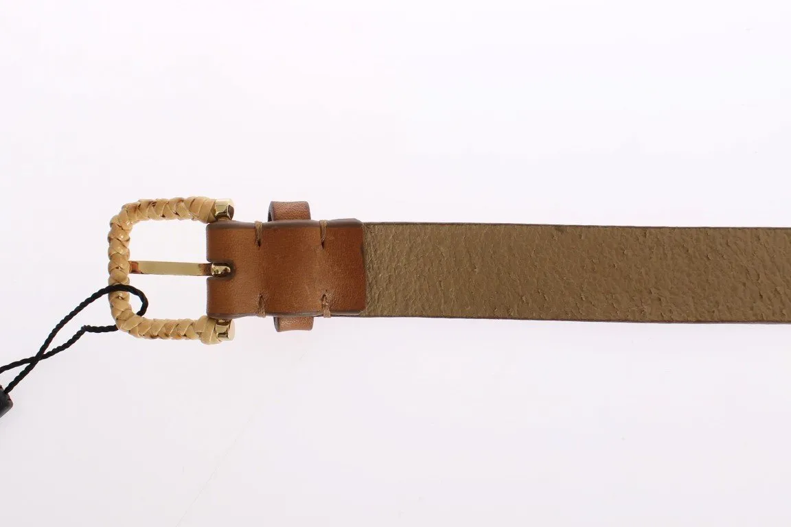 Brown Leather Gold Buckle Logo Waist Belt