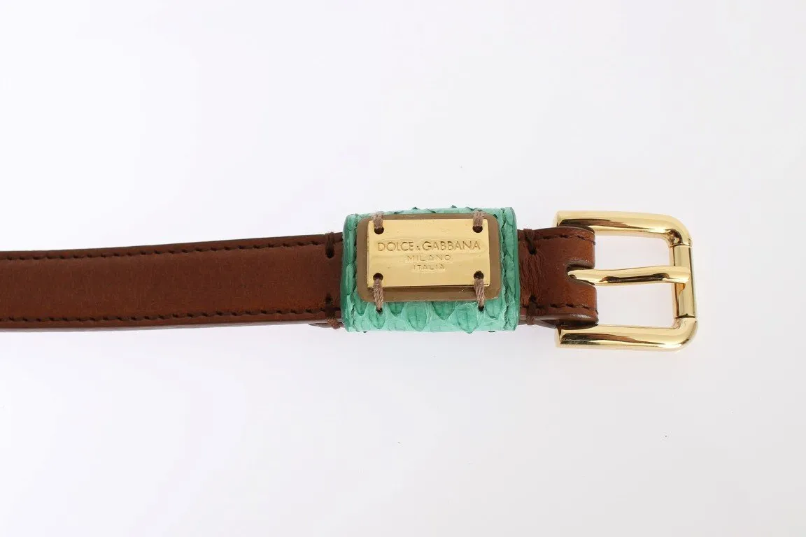 Brown Leather Gold Buckle Logo Waist Belt