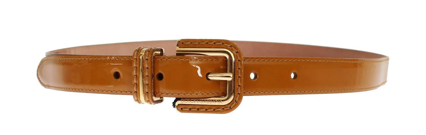 Brown Leather Gold Buckle Logo Waist Belt