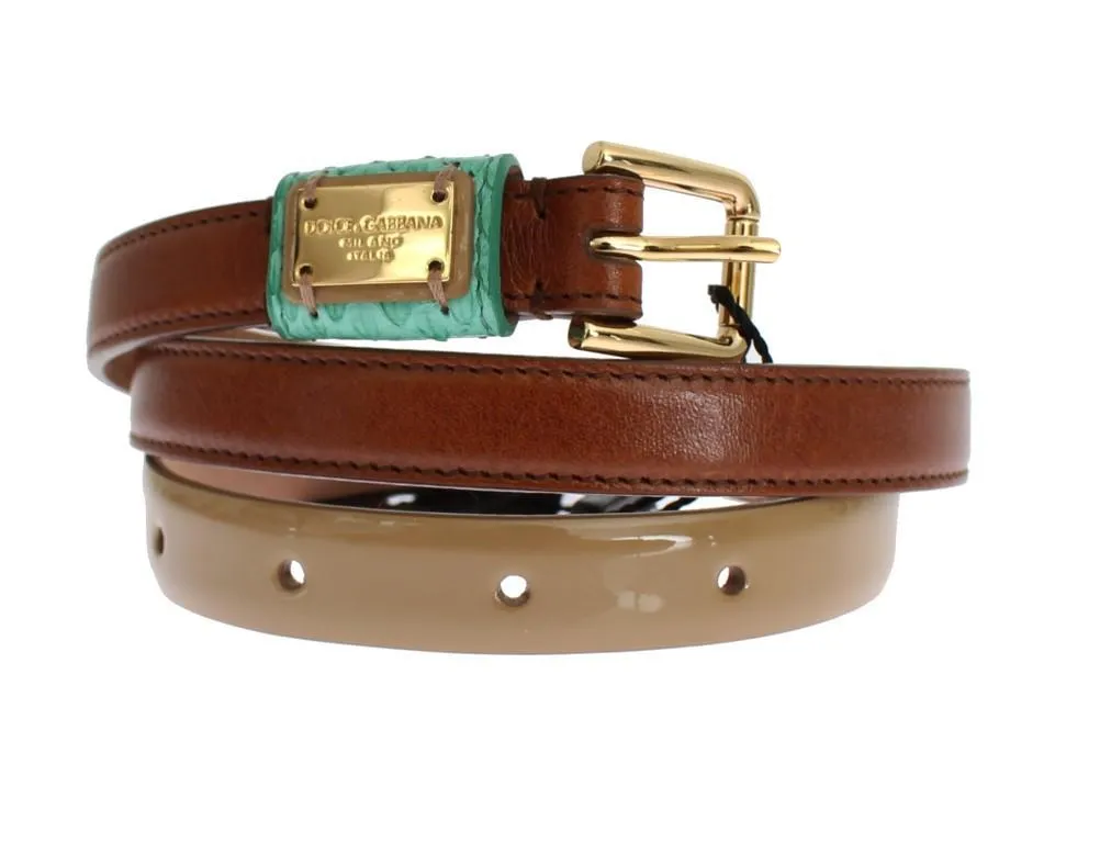 Brown Leather Gold Buckle Logo Waist Belt
