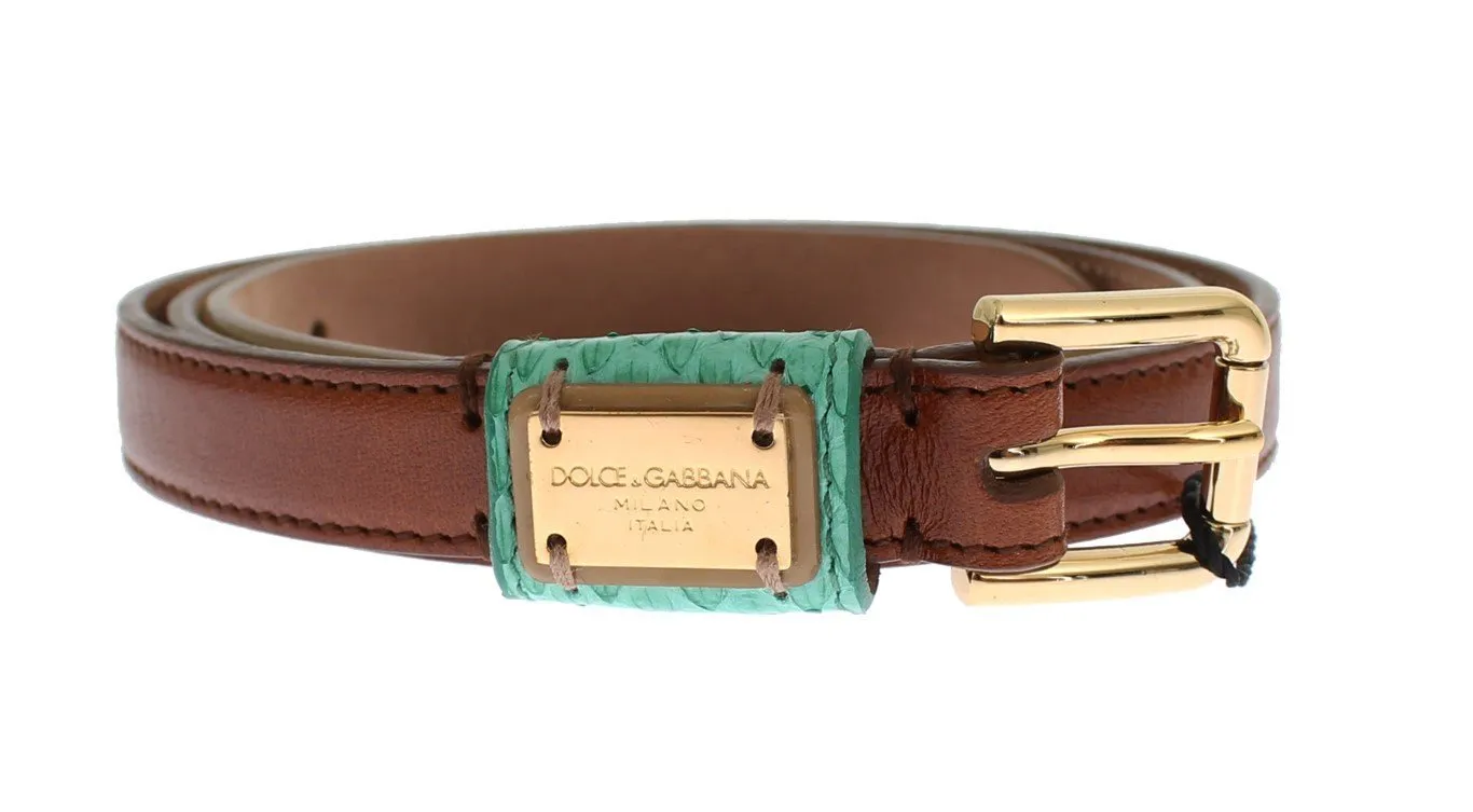Brown Leather Gold Buckle Logo Waist Belt