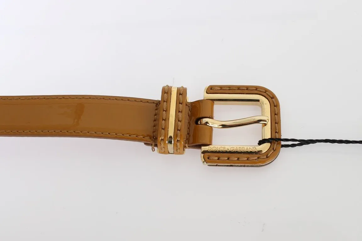 Brown Leather Gold Buckle Logo Waist Belt