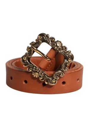 Brown Leather Gold Metal Baroque Buckle Belt