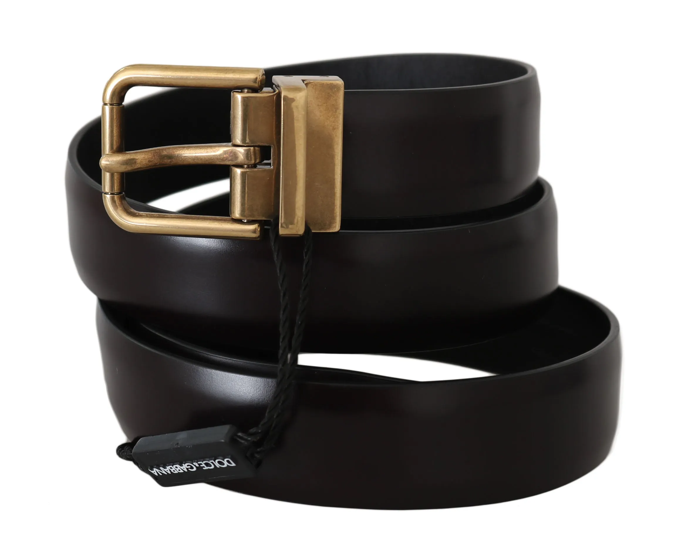 Brown Leather Logo Brushed Gold Buckle Belt