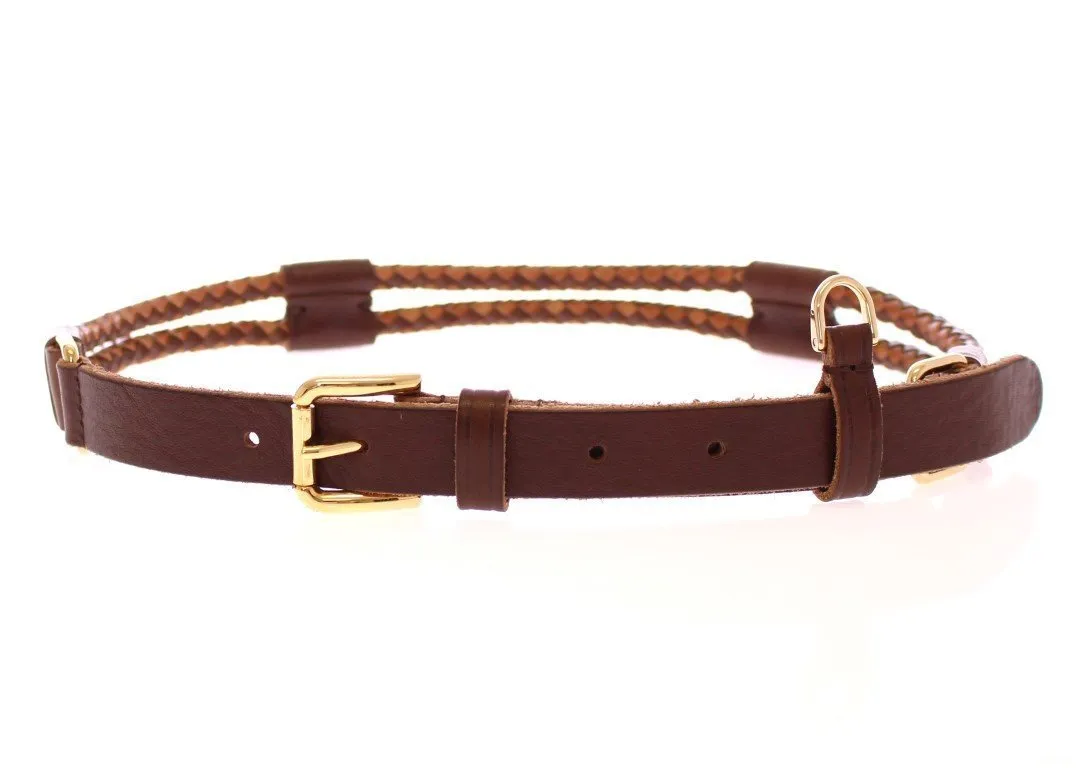 Brown Leather Logo Gold Buckle Belt