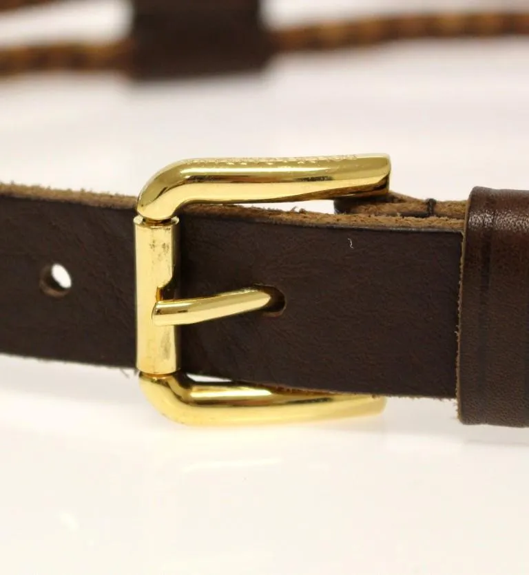 Brown Leather Logo Gold Buckle Belt