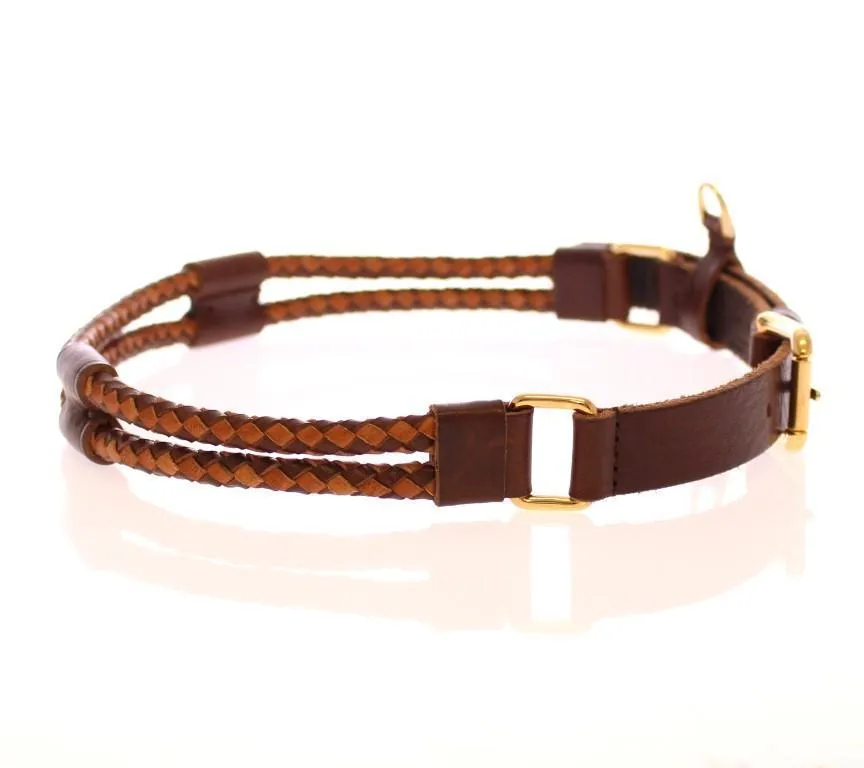 Brown Leather Logo Gold Buckle Belt
