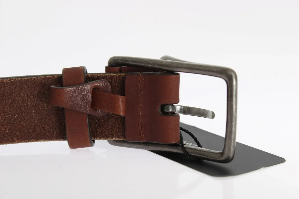 Brown Leather Logo Silver Buckle Belt