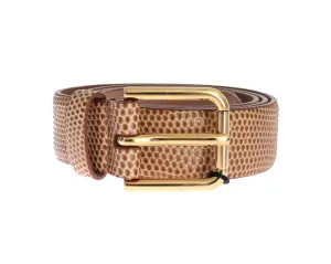 Brown Snakeskin Gold Buckle Logo Waist Belt
