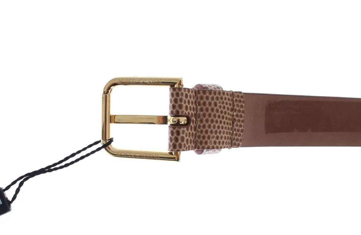 Brown Snakeskin Gold Buckle Logo Waist Belt