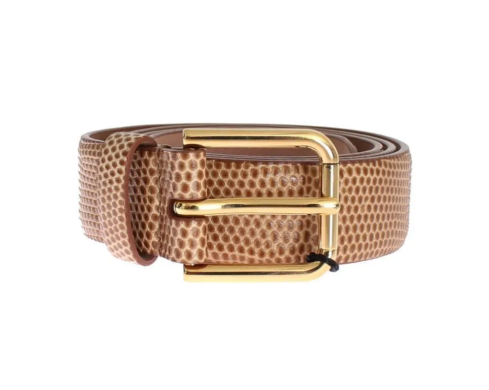 Brown Snakeskin Gold Buckle Logo Waist Belt