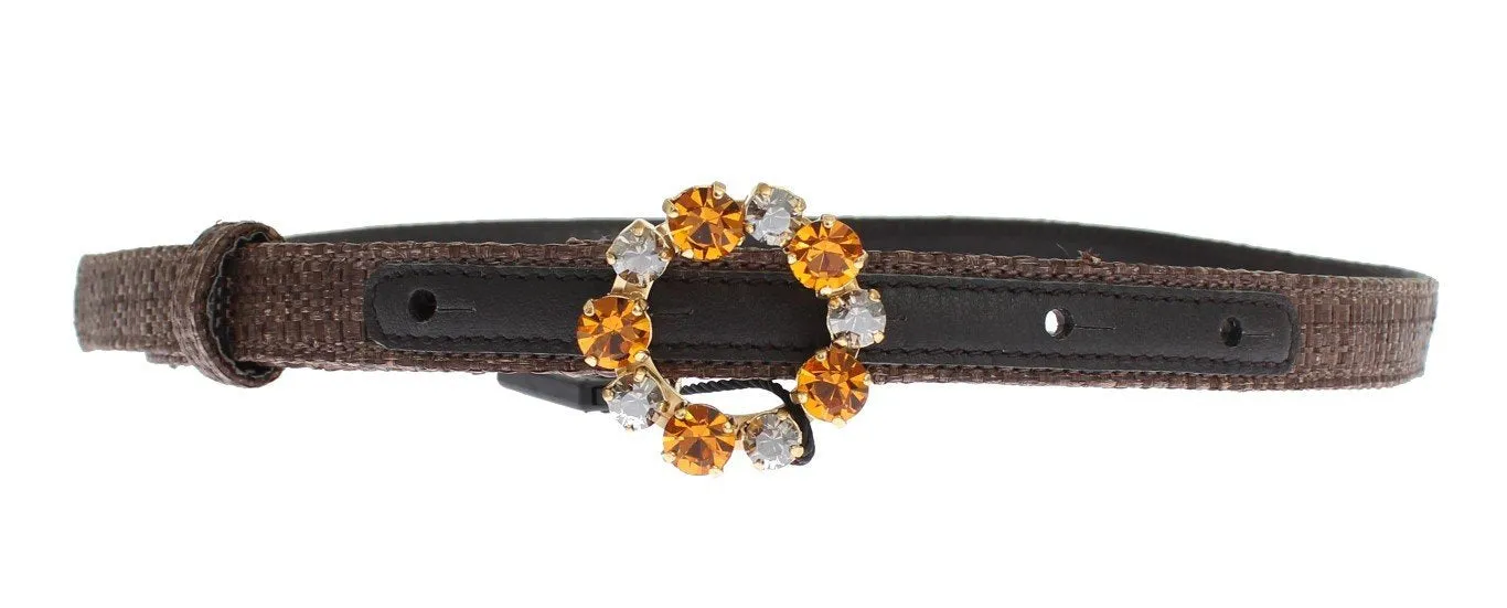 Brown Straw Leather Crystal Buckle Belt