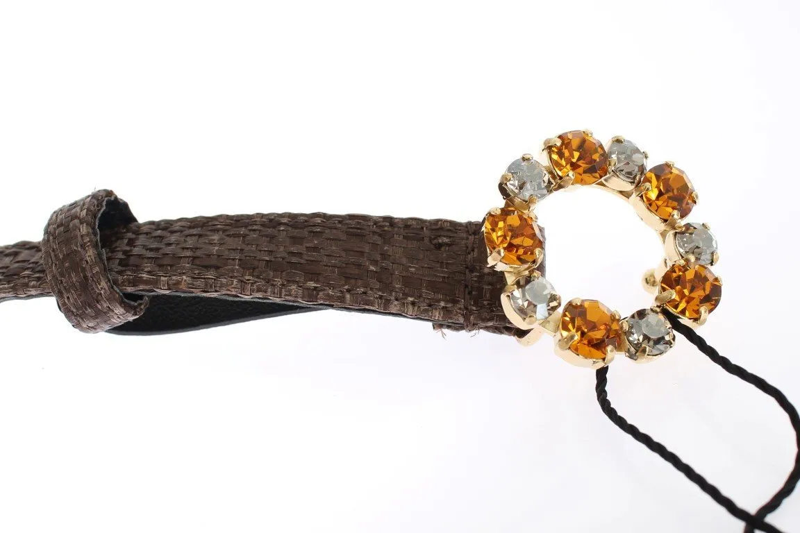 Brown Straw Leather Crystal Buckle Belt