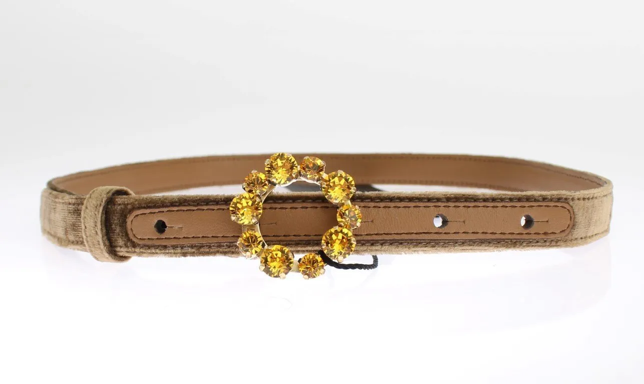 Brown Velvet Leather Crystal Buckle Belt
