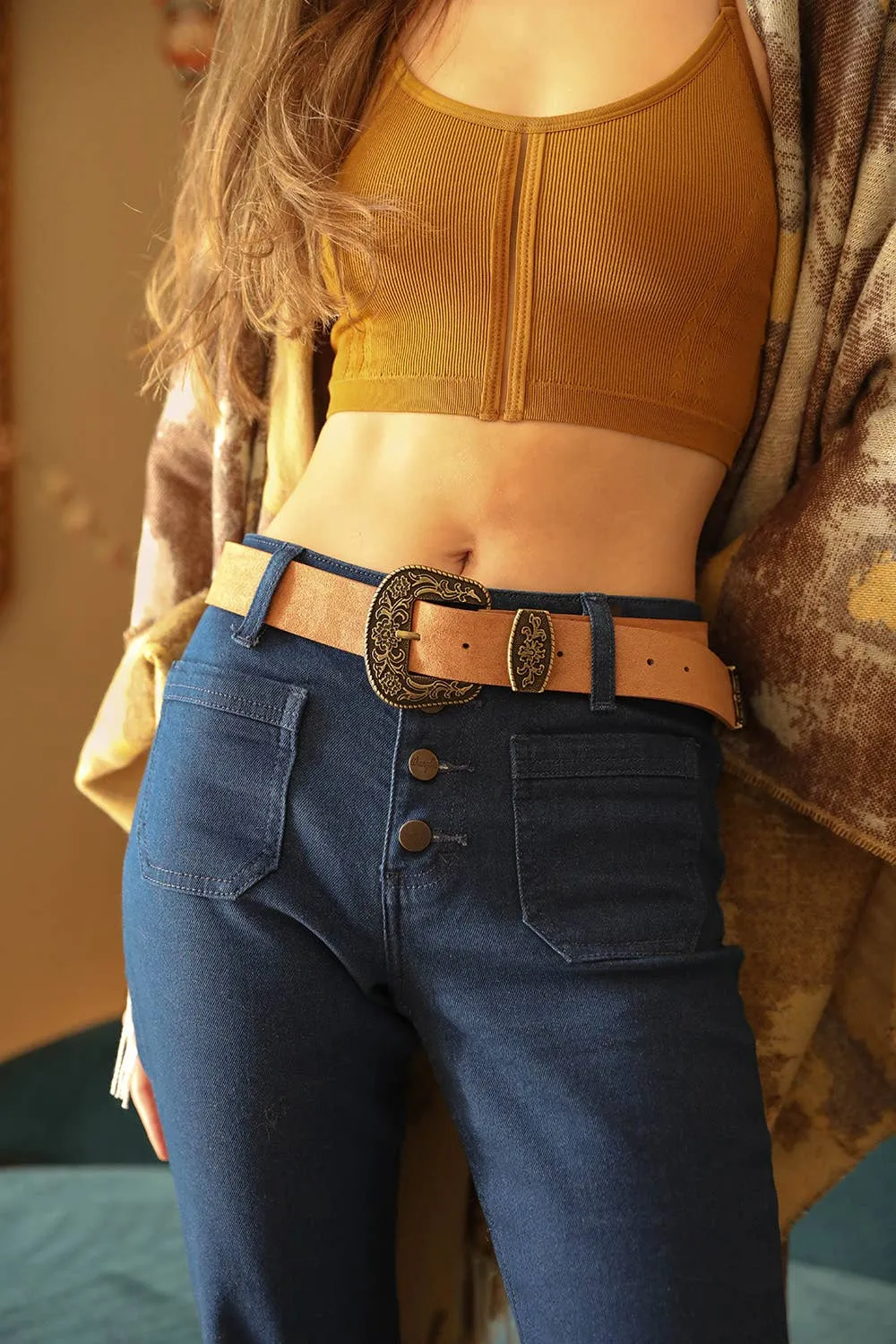Camel Suede Antique Gold Western Buckle Belt