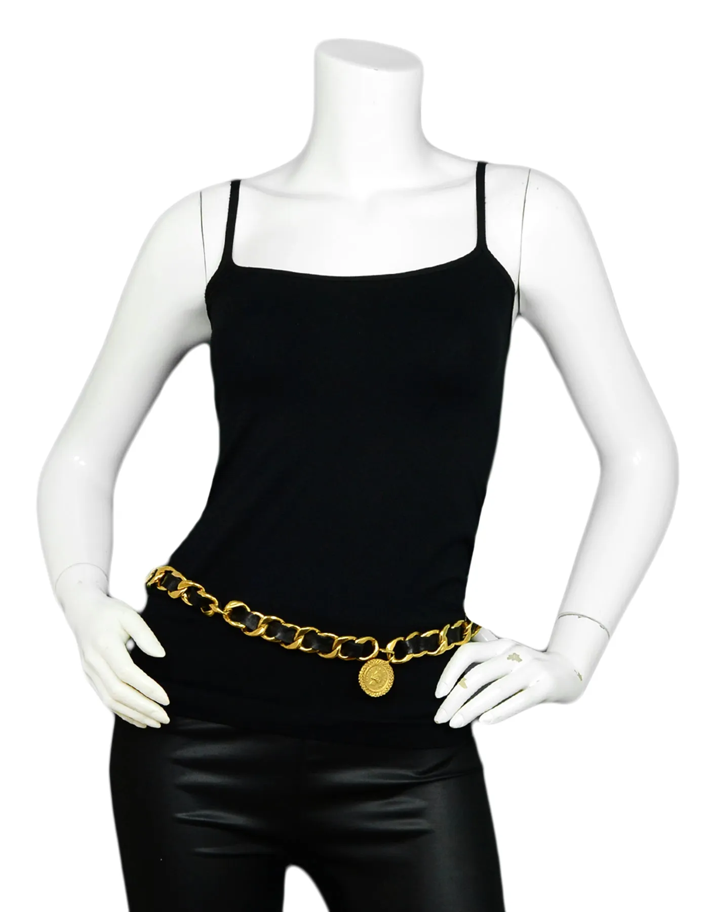 Chanel Black Leather Laced Goldtone Chainlink Belt with CC Medallion 34"