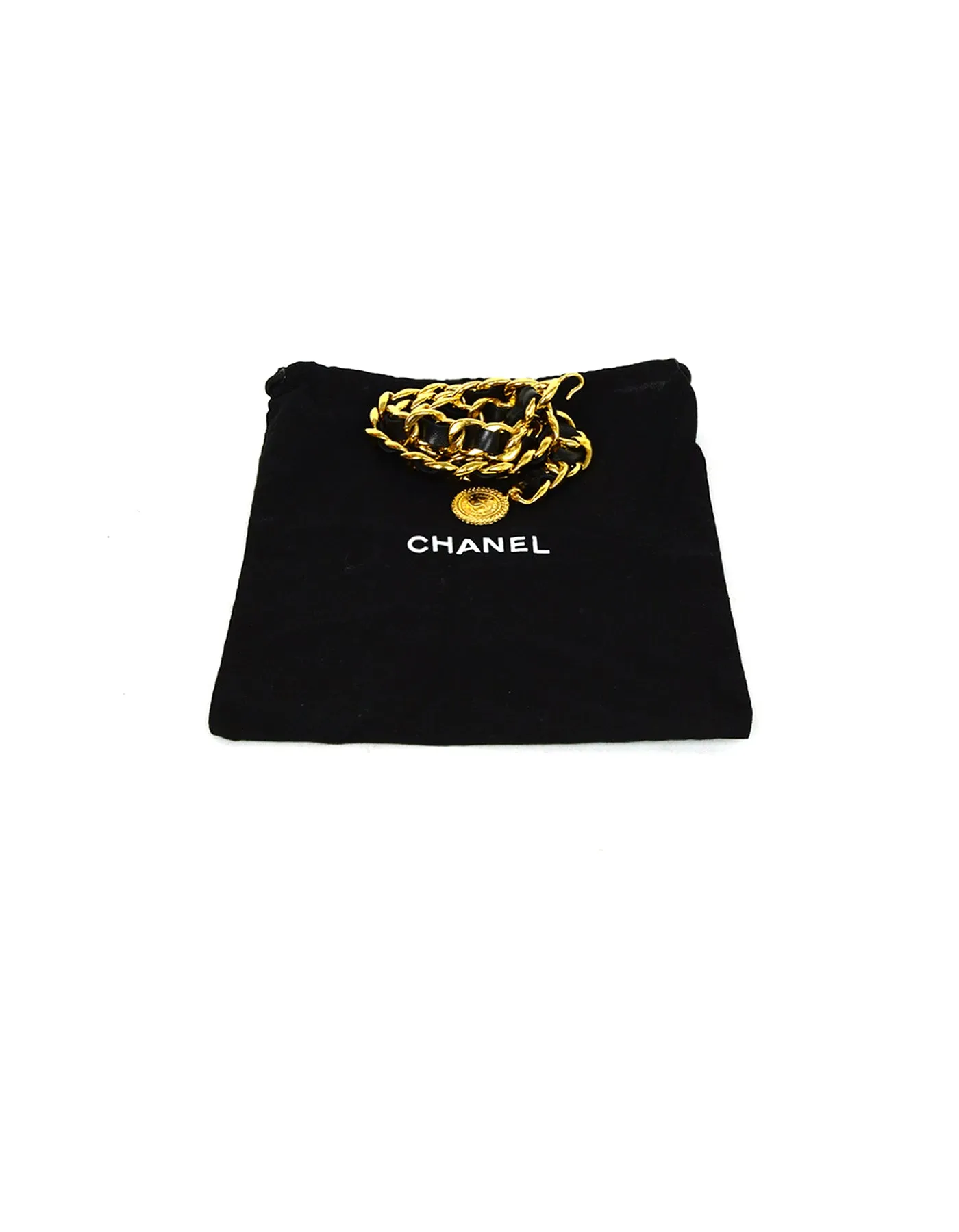 Chanel Black Leather Laced Goldtone Chainlink Belt with CC Medallion 34"