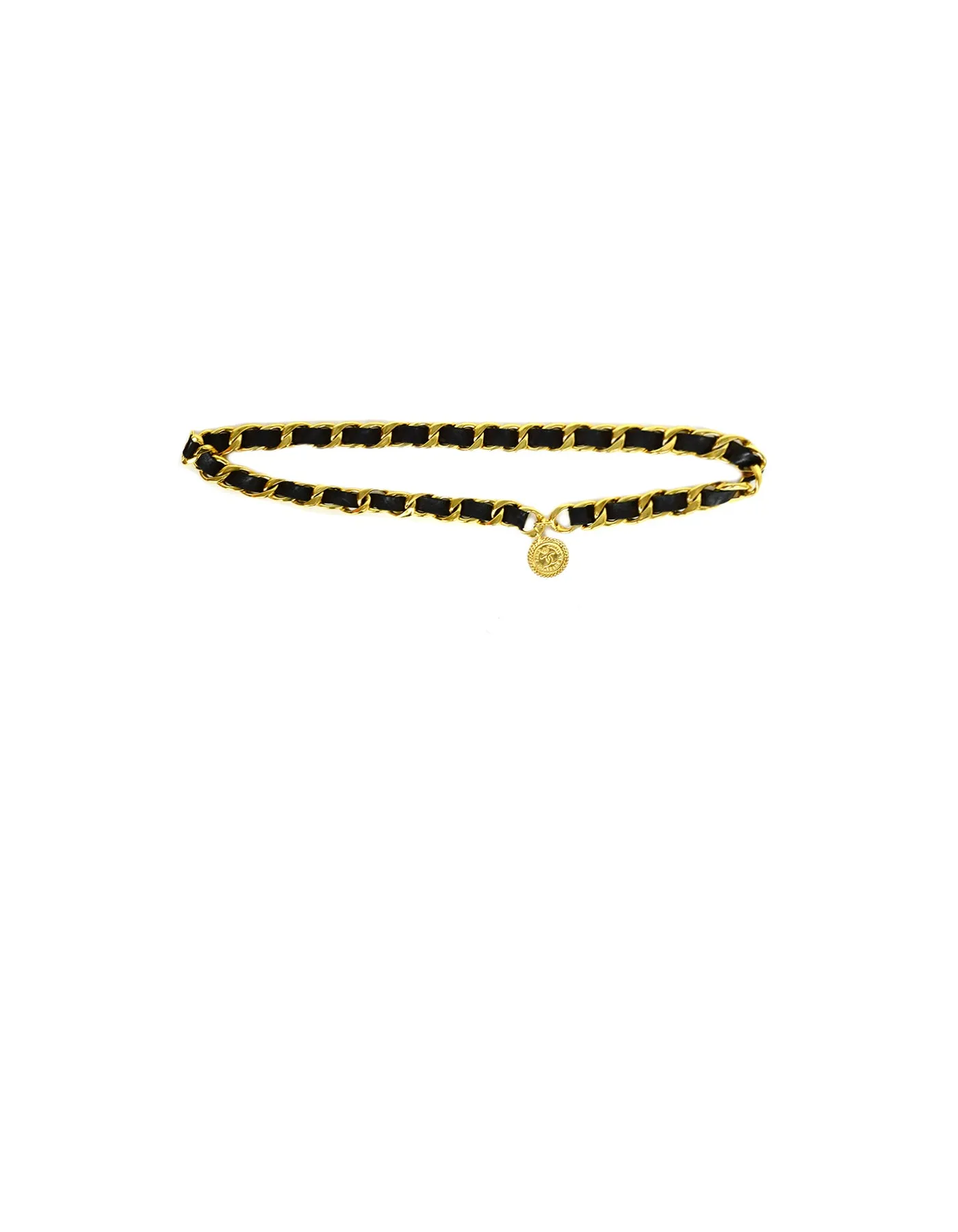Chanel Black Leather Laced Goldtone Chainlink Belt with CC Medallion 34"