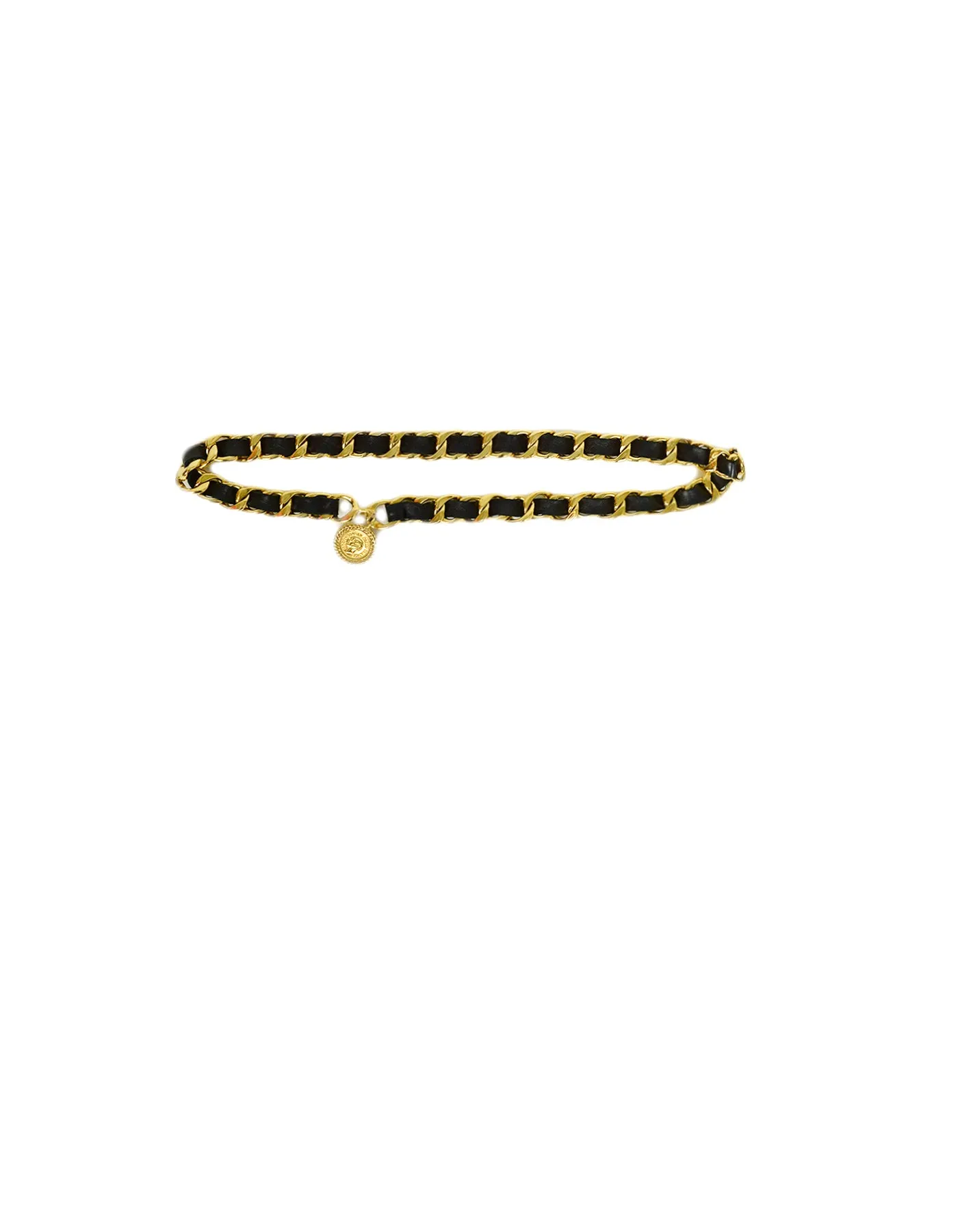 Chanel Black Leather Laced Goldtone Chainlink Belt with CC Medallion 34"