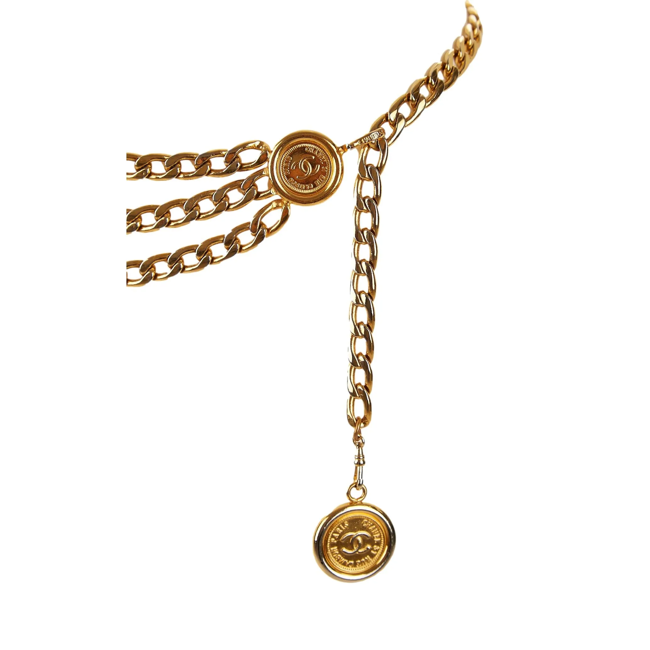 Chanel Gold Logo Medallion Chain Drop Belt