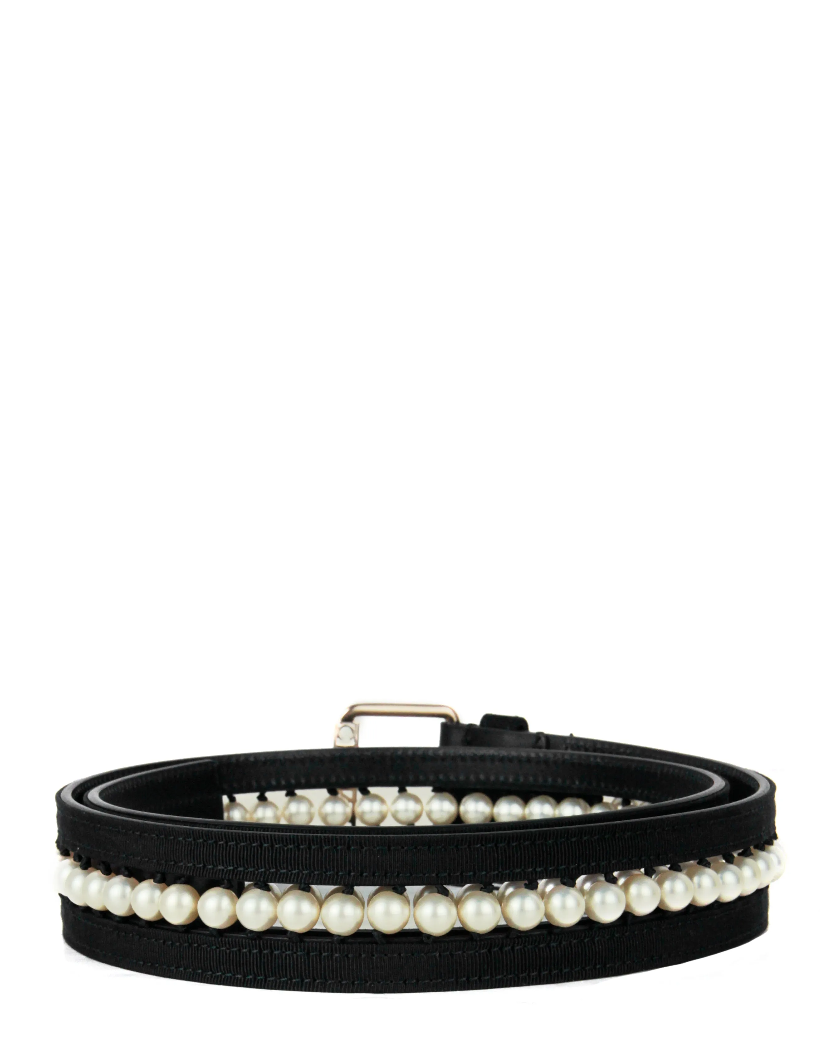 Chanel NWT Black Leather & Grosgrain Pearl Belt sz 90