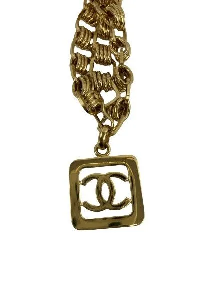 Chanel Vintage Gold Chain Belt CC Square Charm Excellent 36