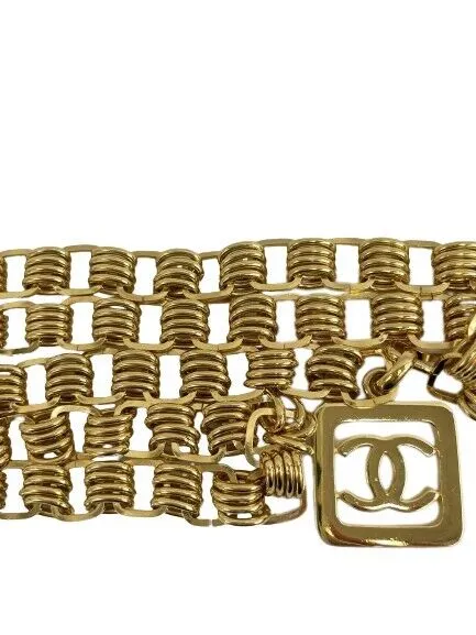 Chanel Vintage Gold Chain Belt CC Square Charm Excellent 36