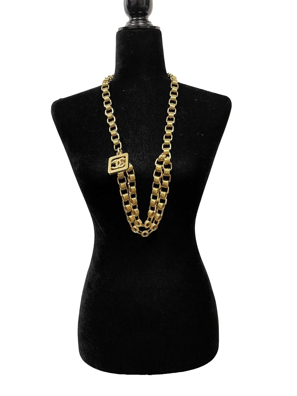 Chanel Vintage Gold Chain Belt CC Square Charm Excellent 36