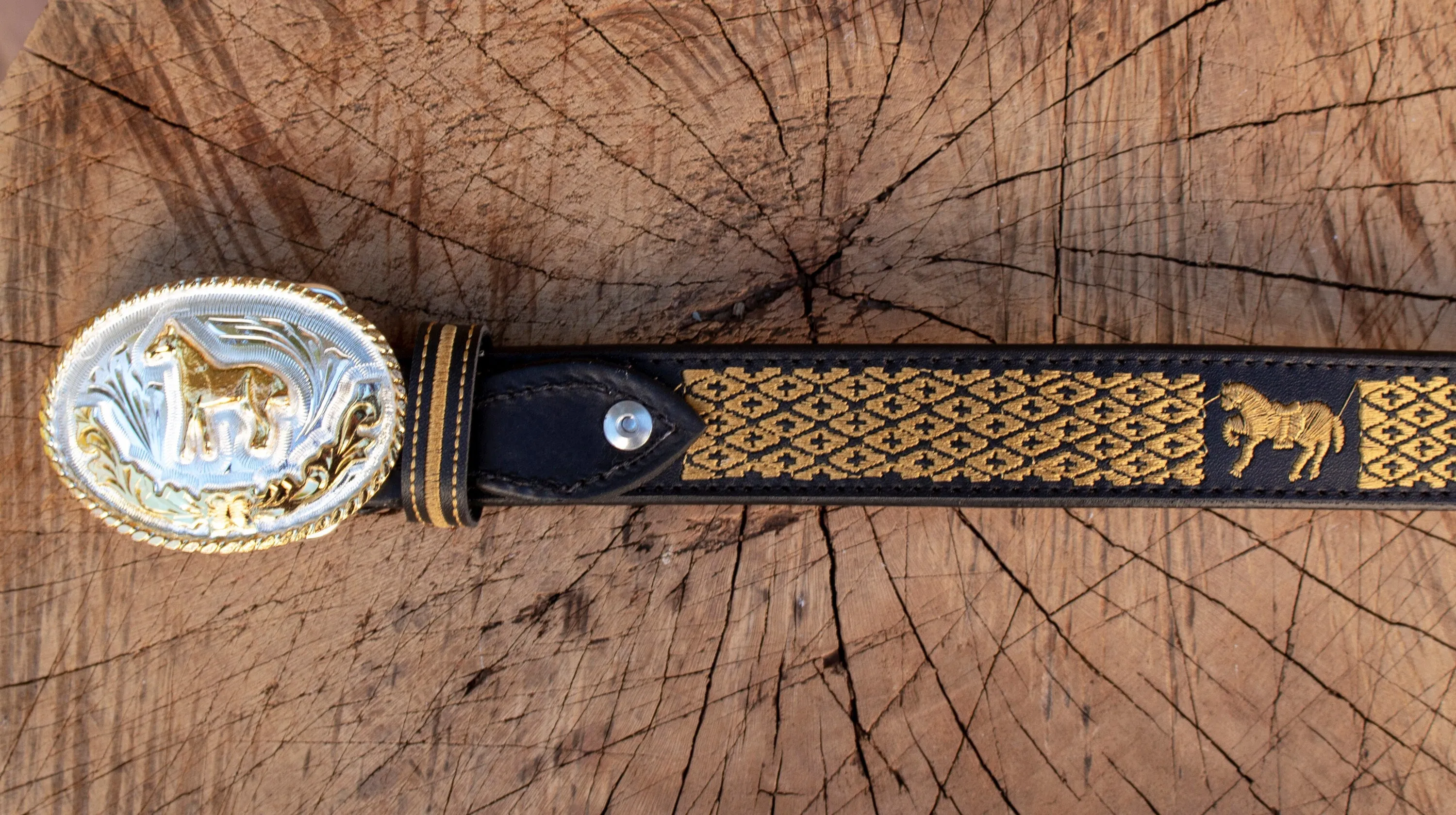 CHILDRENS YOUTH WESTERN HORSE EMBROIDERED COWBOY LEATHER BELT & BUCKLE