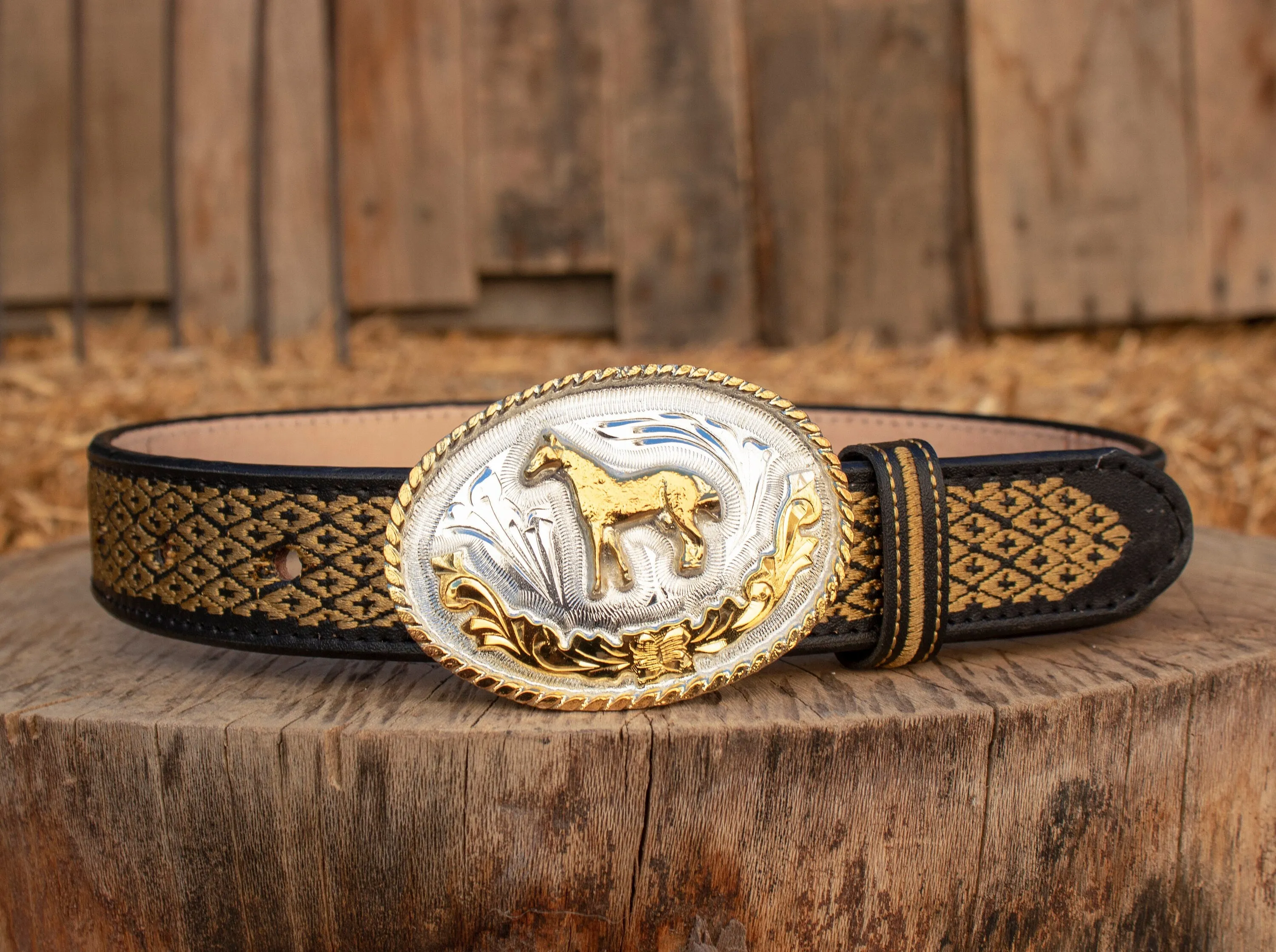 CHILDRENS YOUTH WESTERN HORSE EMBROIDERED COWBOY LEATHER BELT & BUCKLE
