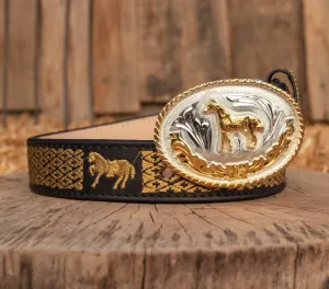 CHILDRENS YOUTH WESTERN HORSE EMBROIDERED COWBOY LEATHER BELT & BUCKLE