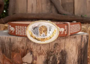 CHILDRENS YOUTH WESTERN HORSE EMBROIDERED COWBOY LEATHER BELT & BUCKLE