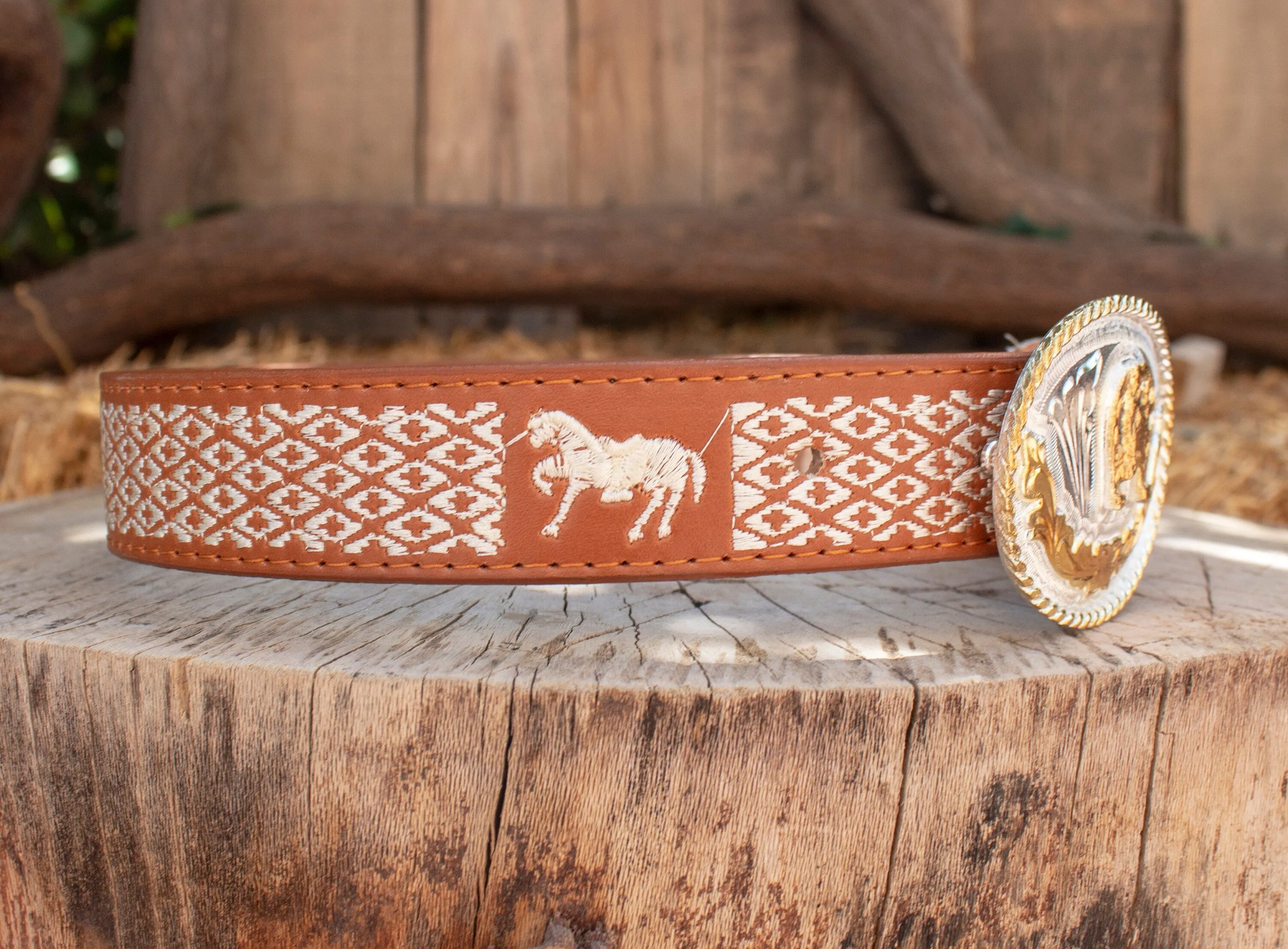 CHILDRENS YOUTH WESTERN HORSE EMBROIDERED COWBOY LEATHER BELT & BUCKLE