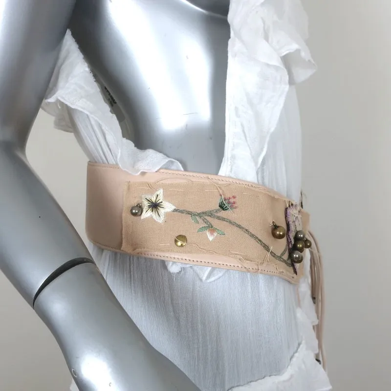 Chloe Tie-Front Wide Belt Floral Embroidered Light Pink Leather Size 80 US 32