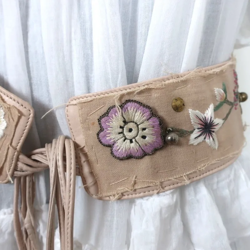Chloe Tie-Front Wide Belt Floral Embroidered Light Pink Leather Size 80 US 32