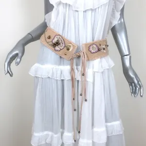Chloe Tie-Front Wide Belt Floral Embroidered Light Pink Leather Size 80 US 32