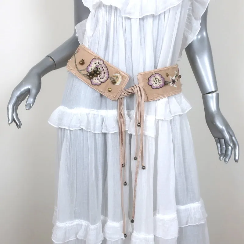 Chloe Tie-Front Wide Belt Floral Embroidered Light Pink Leather Size 80 US 32