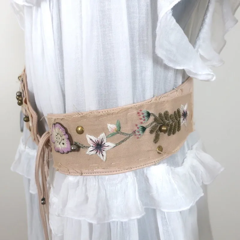 Chloe Tie-Front Wide Belt Floral Embroidered Light Pink Leather Size 80 US 32