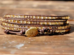 Citrine Leather Five Wrap  Brass Lotus Button Bracelet