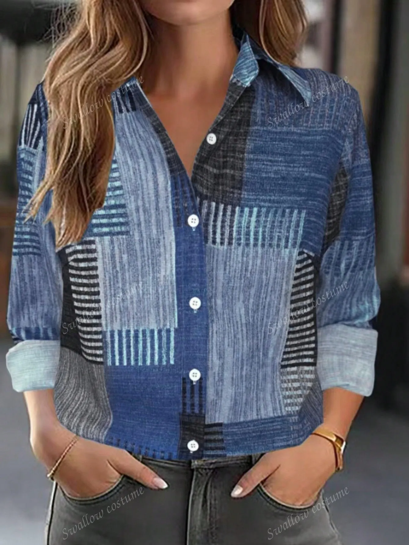 Color Block Button Print Long Sleeve Casual Retro Shirt