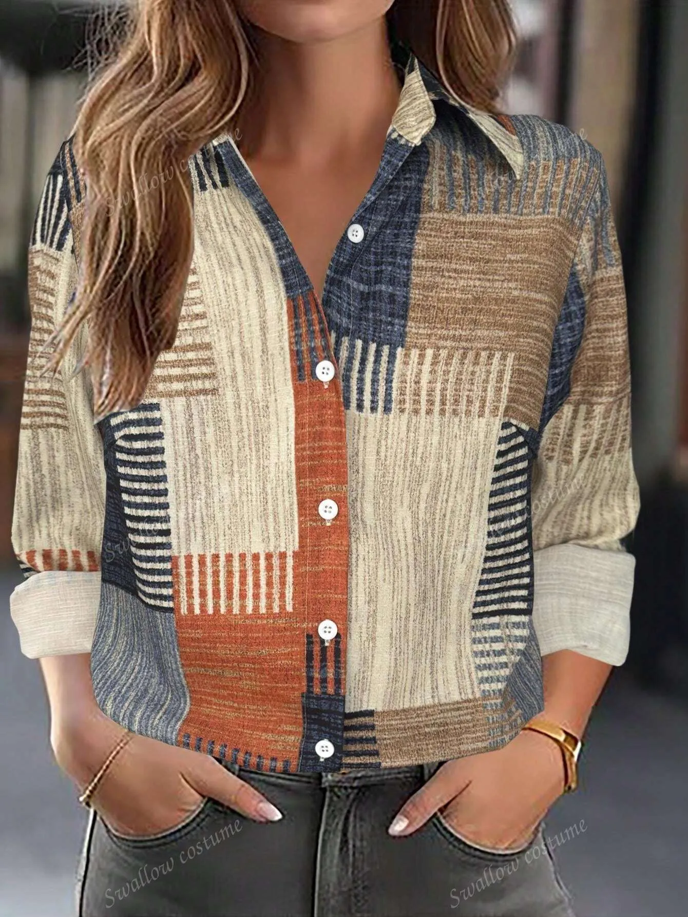 Color Block Button Print Long Sleeve Casual Retro Shirt