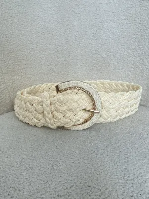 Cream Plaited Rope Belt With A Gold Buckle