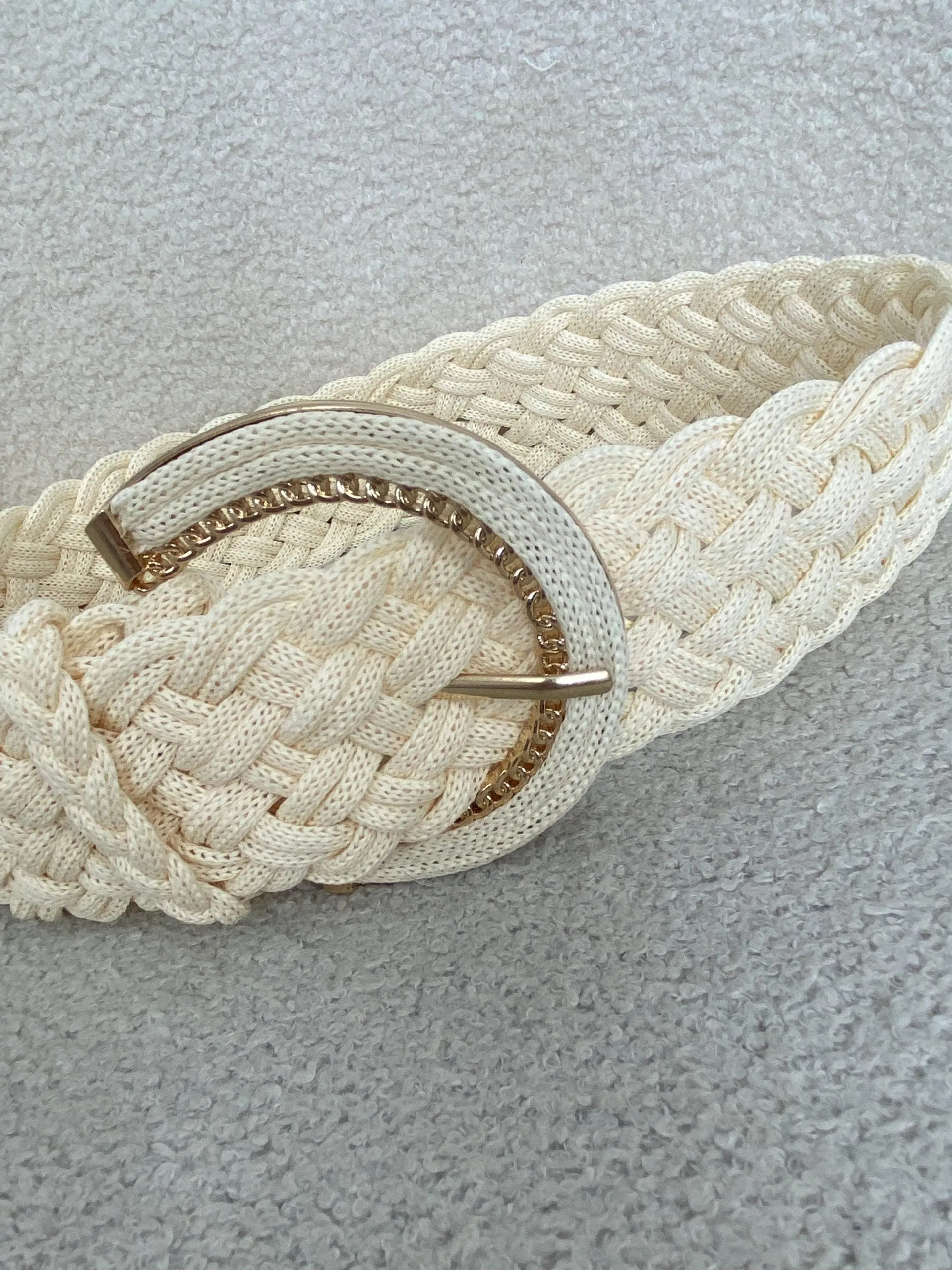 Cream Plaited Rope Belt With A Gold Buckle