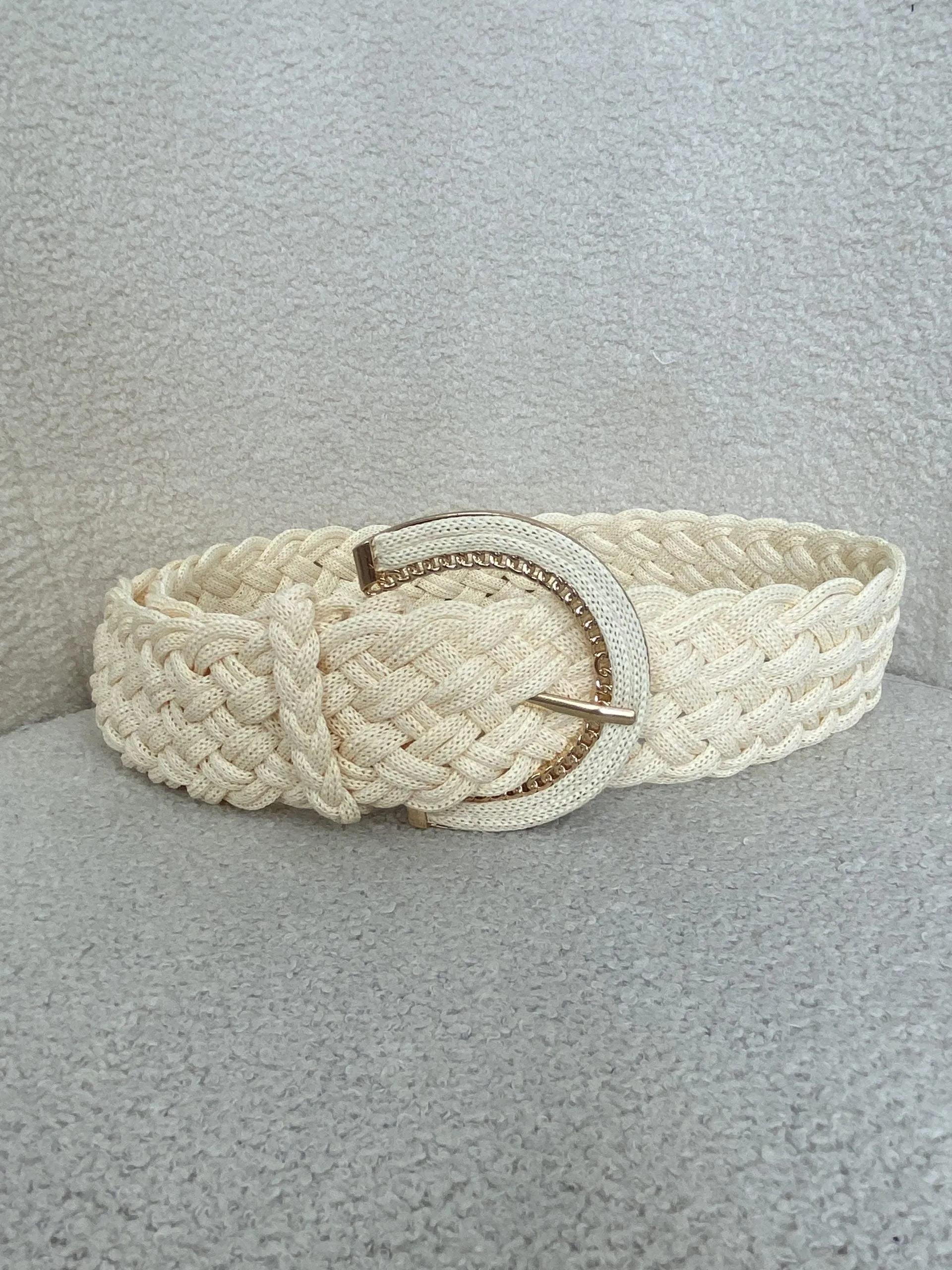 Cream Plaited Rope Belt With A Gold Buckle