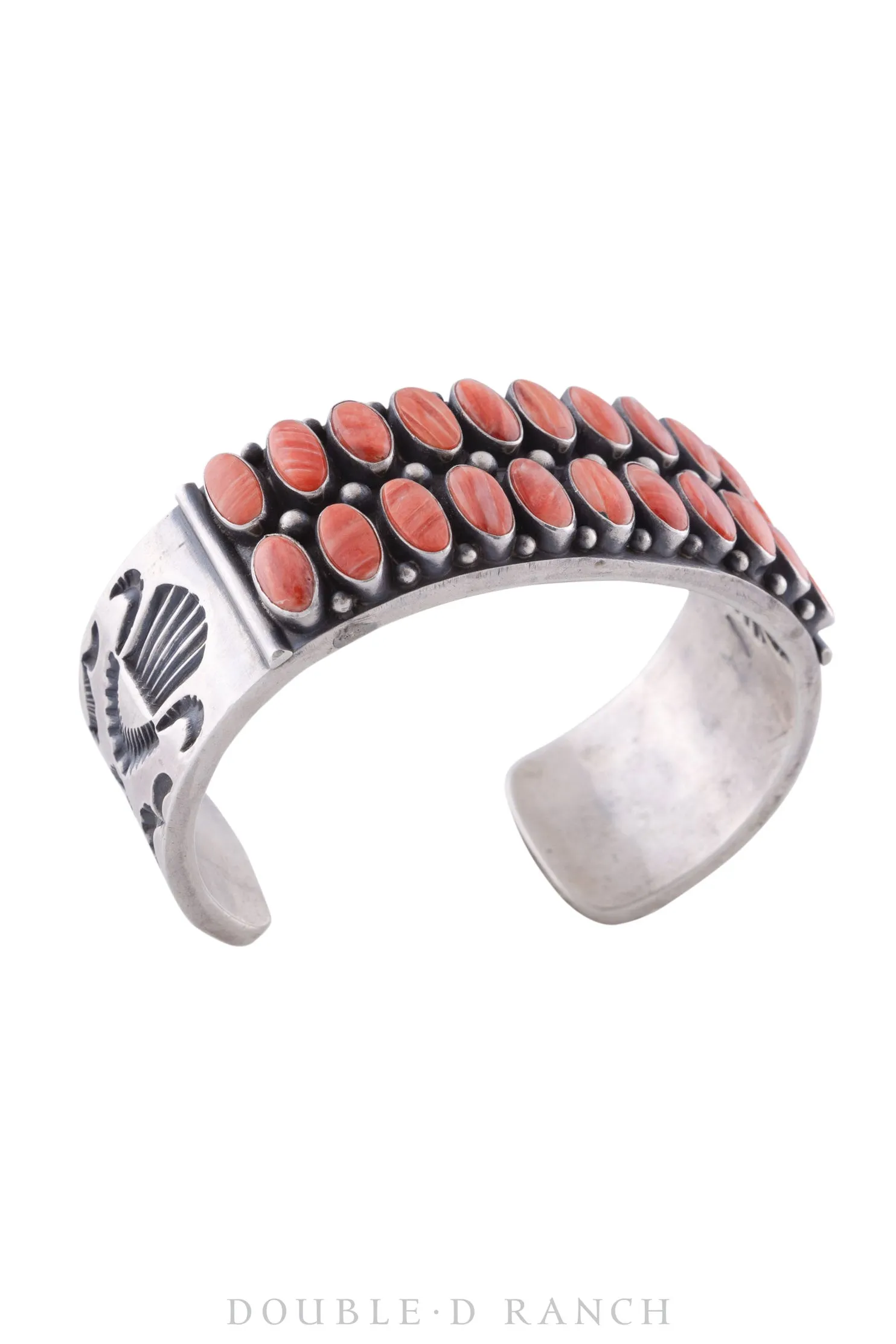 Cuff, Row, Red Spiny Oyster, 2 Rows, Heavy Stampwork Underside, Kirk Smith Hallmark, Vintage, 3138