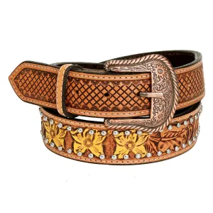 Daffodil Floral Hand Painted Leather Belt Tan