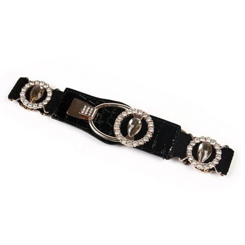 Elastic Rhinestone Mirror Metal Waist Belt Metallic Bling Gold Plate Wide Belt