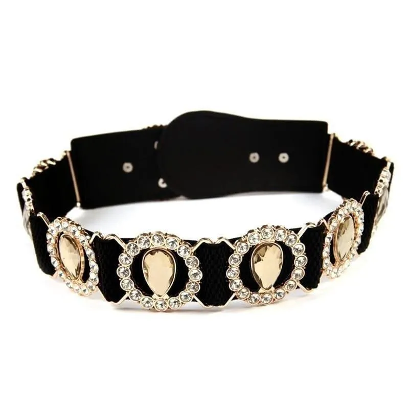 Elastic Rhinestone Mirror Metal Waist Belt Metallic Bling Gold Plate Wide Belt