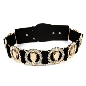 Elastic Rhinestone Mirror Metal Waist Belt Metallic Bling Gold Plate Wide Belt