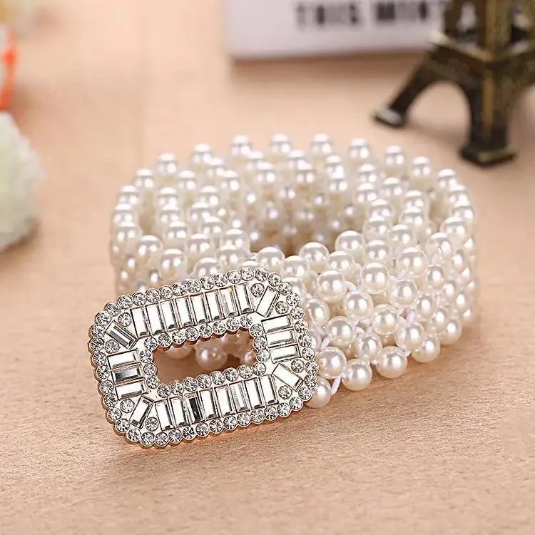 Elegant White Pearl Elastic Buckle Belt For Women Luxurious Strap Pearls Waistband Fashionable Design